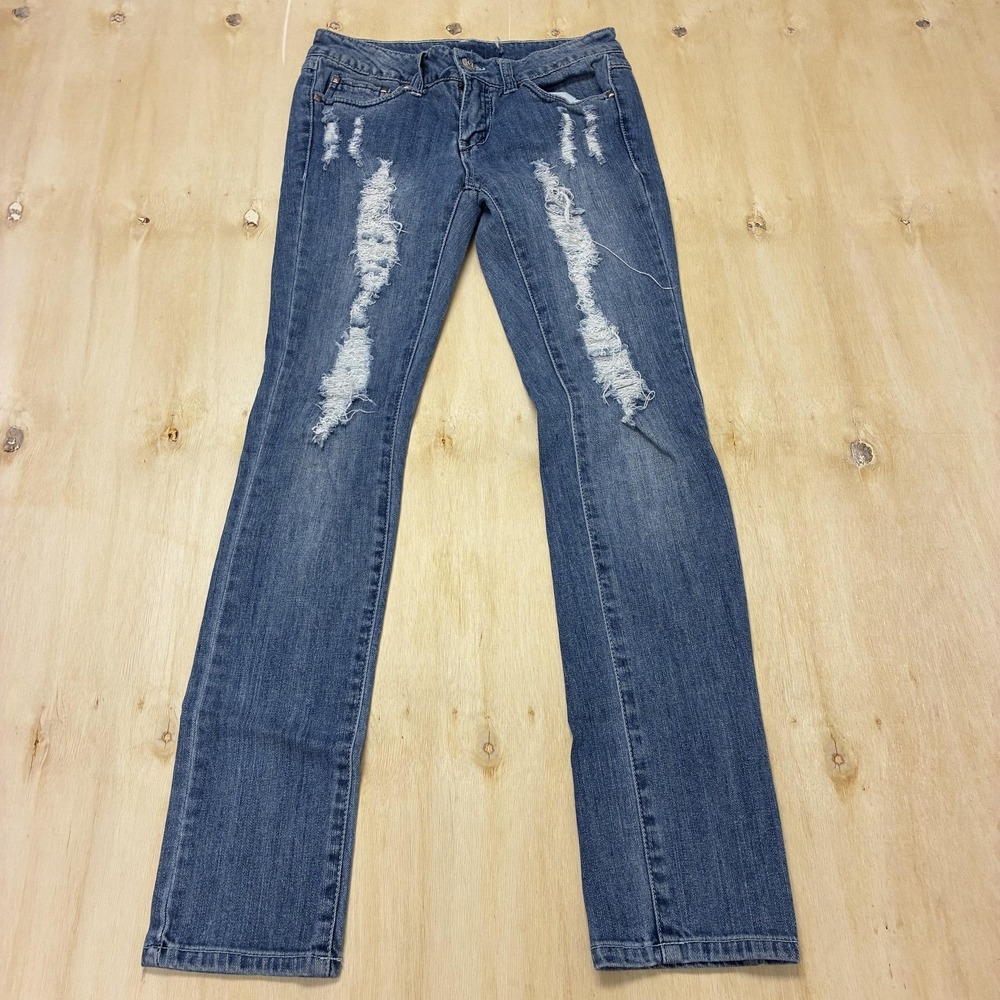 Miley Cyrus Max Azria Straight Jeans Womens 7 Medium Wash Blue Distressed Denim